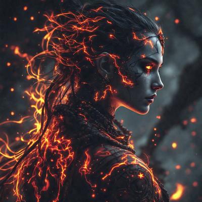 The primary subject of the image is a woman with a fiery, glowing appearance. She is wearing a necklace and has a striking, otherworldly look. The setting is a dark, possibly demonic, environment, with a backdrop of a tree. The visual style is a combination of photo and digital art, creating a unique and captivating image. The colors and mood are predominantly dark and intense, with the woman's glowing appearance adding a sense of danger and intrigue to the
